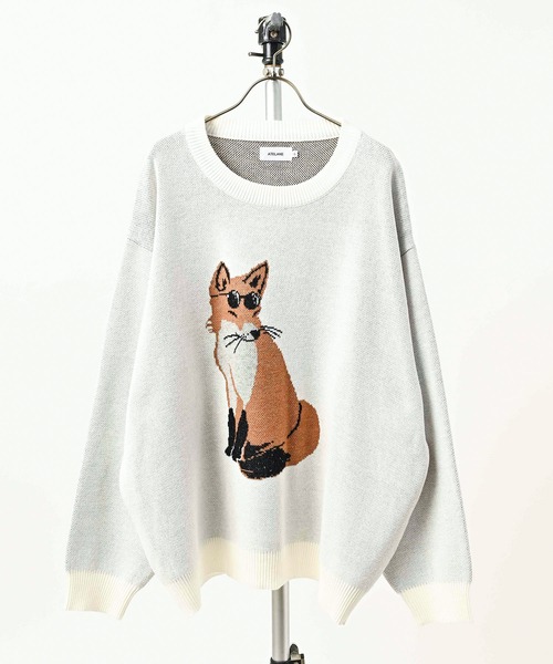 ATELANE  Acrylic/Cotton Double Jacquard Sweat-Style Fox Crewneck (OFF) 26A-21015
