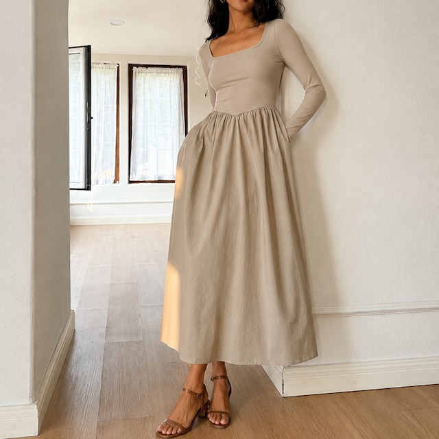 Square Neck Long Sleeve Dress 00055