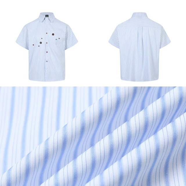 blue stripe multi-button short-sleeve shirt　ブルーストライプマルチボタン半袖シャツ　J2090