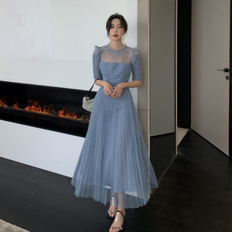 ドットチュールプリーツドレス】フリルネック レース ベルト付き 結婚