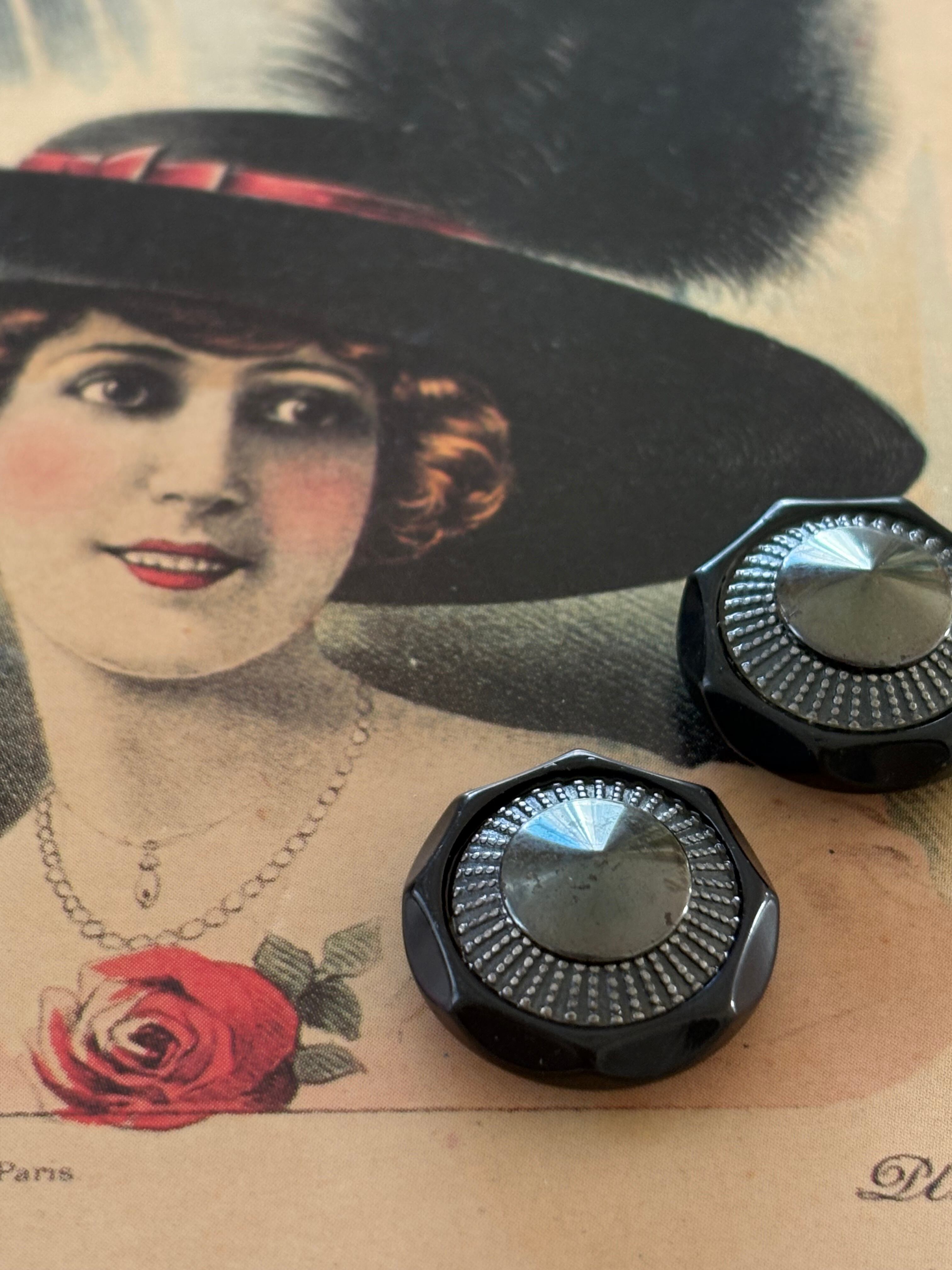 20mm Japanese ヴィンテージボタン レトロボタン ブラック×メタリックシルバー アクセサリーパーツ デコレーション材