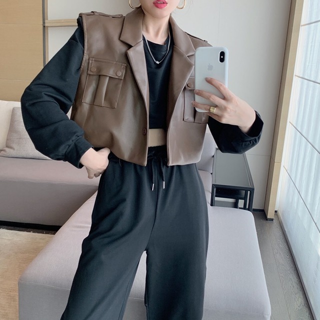 オータムショートレザールーズセーター ハイウェスト ロング 秋物 ガールズファッション37362347069