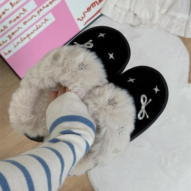 リボン 星 ムートンスリッパ 韓国 裏起毛 もこもこ ふわふわ サンダル 女性 レディース 厚底 スリッポン 通学 学生 防寒 暖かい 雪 ブーツ 履きやすい カジュアル シンプル 秋 冬 美脚 10代 20代 30代 お出かけ デート かわいい 可愛い