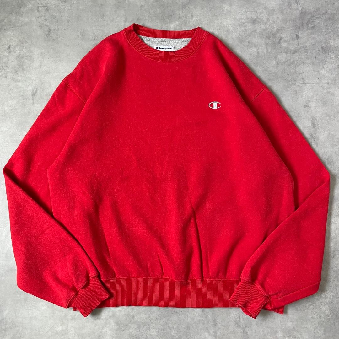 チャンピオン スウェット 古着 ロゴ 刺繍 目あり L 赤 グレー 17979