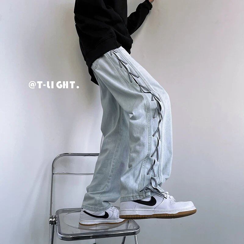 ハイウエストストレートレッグジーンズ レディース ルーズワイドレッグパンツ プラスサイズ おしゃれ 韓国風 カジュアル ハイウエストデザイン