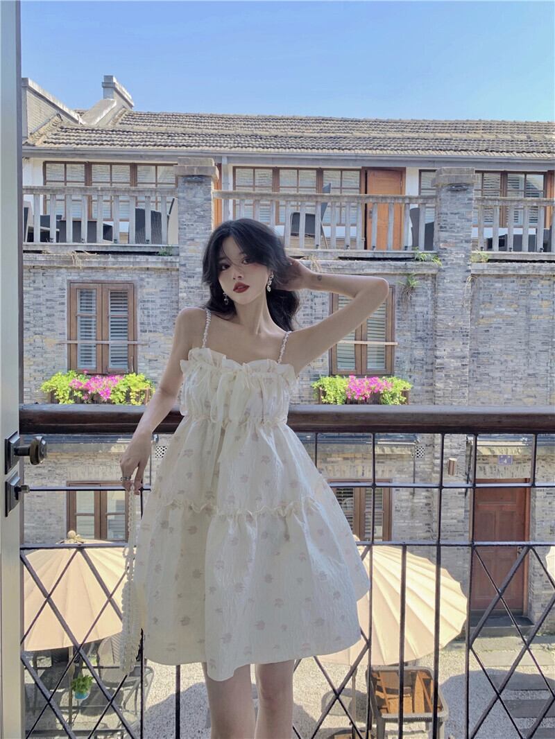 フローラルドレス サマーショートスカート 大人ガーリー スウィート キュート カジュアル ふわふわ 夏物 花柄 ブラックストロベリース17104573382