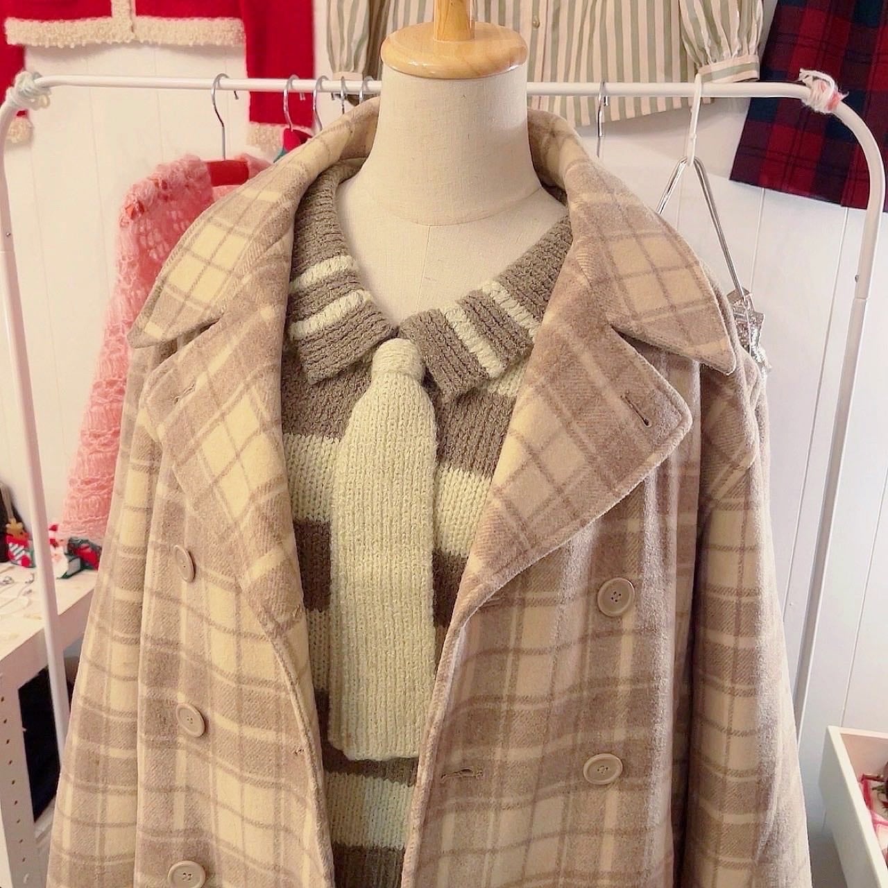 cream check big pea coat