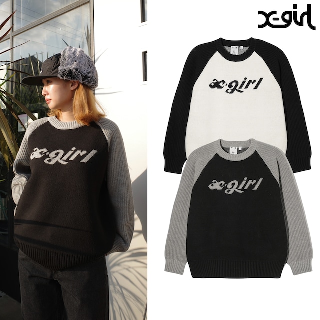 【X-girl】LOGO JACQUARD RAGLAN KNIT TOP【エックスガール】