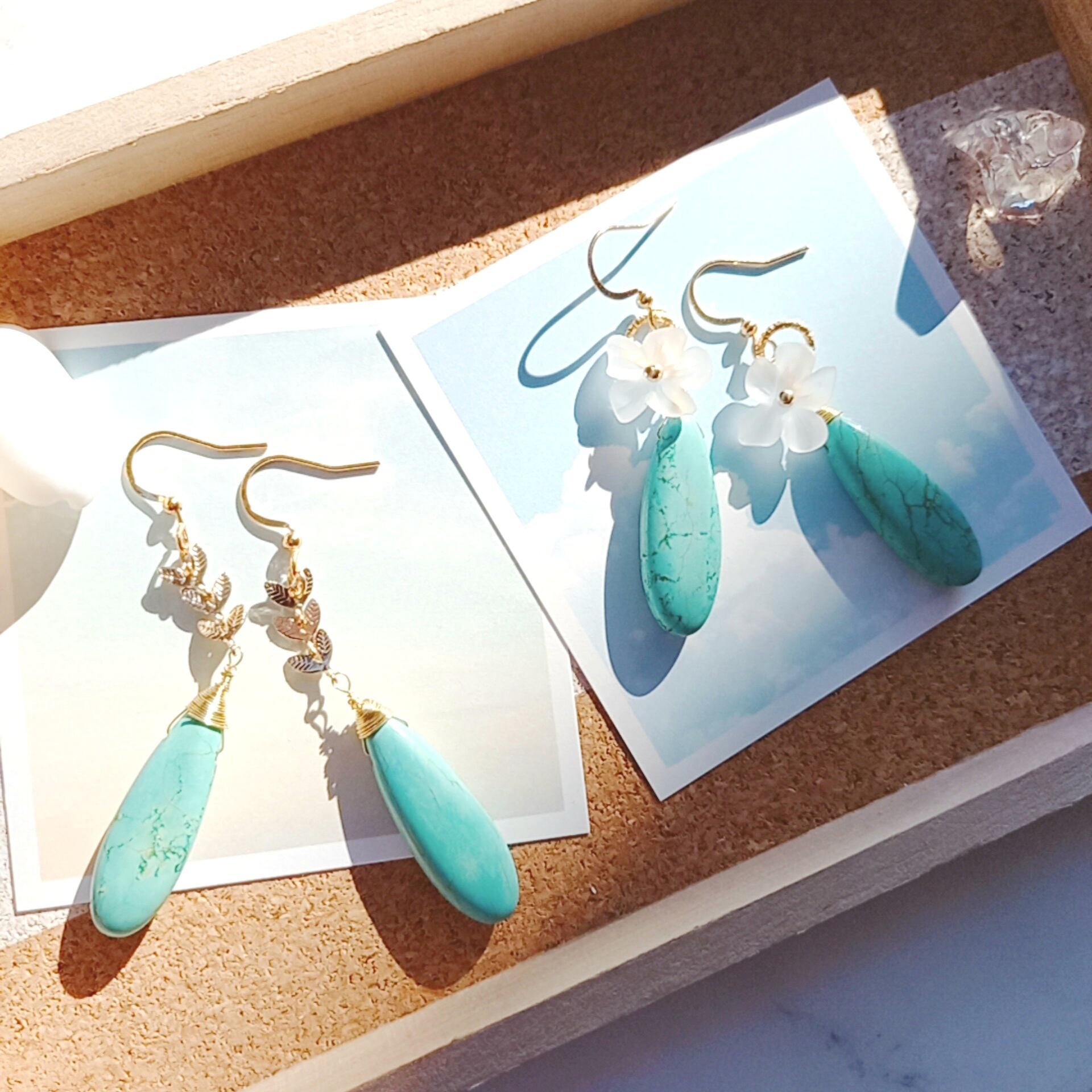 天然ターコイズ＆水晶＆淡水パール ピアス 天然石ピアス ターコイズドロップ①② ○ピアス種類、イヤリングへ変更