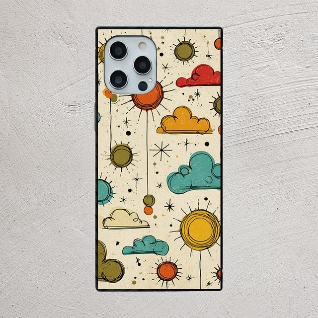 iPhoneケース サイケデリック 太陽と雲｜60s線画レトロ RETRO016