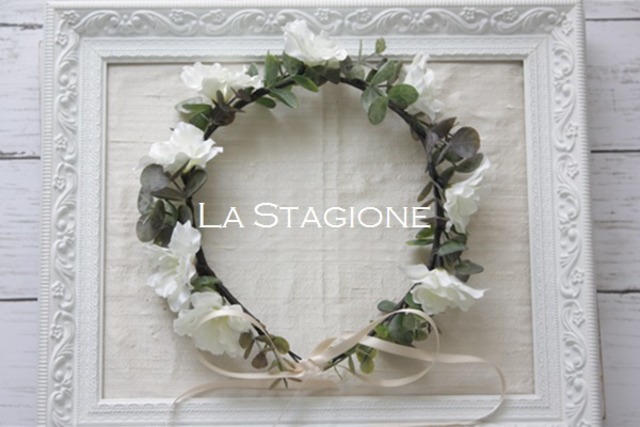 マタニティフォト花冠 ユーカリホワイト La Stagioneラ スタジオーネフラワー 天使のマタニティサッシュベルト フラワーアイテム