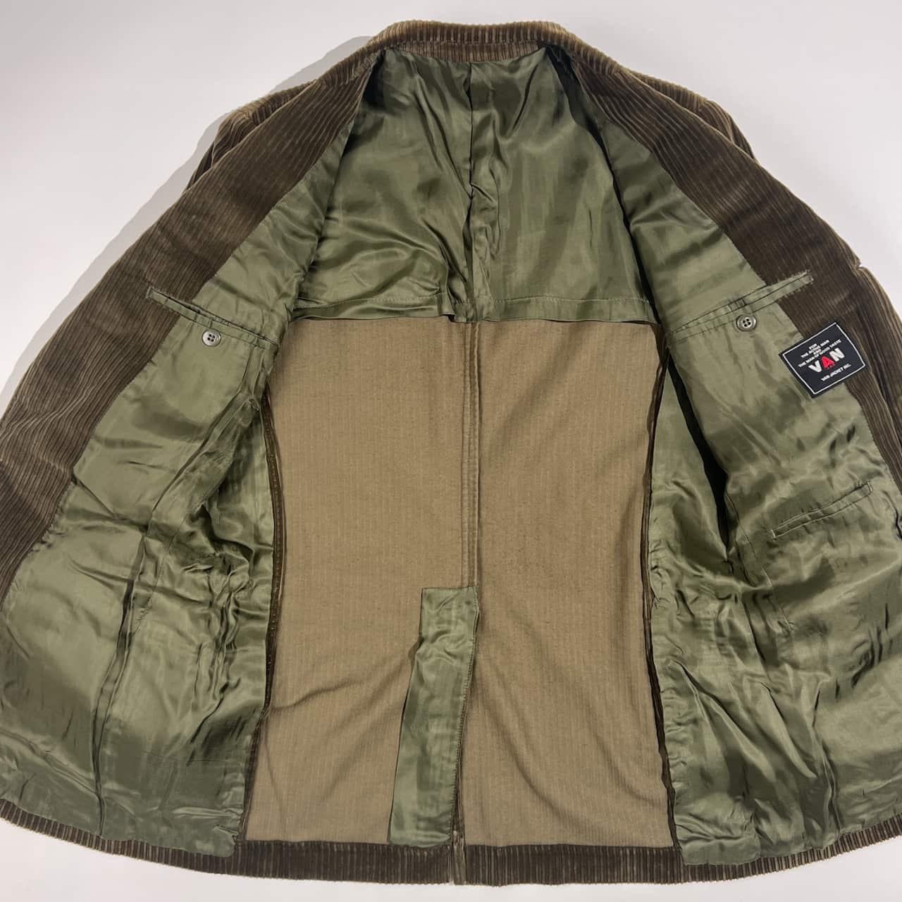 70s 上下 VAN JAC ヴァンヂャケット エルボーパッチ コーデュロイ テーラードジャケット パンツ セットアップ スーツ 170-90-78 /オリーブ ブラウン系 メンズ アイビー トラッド ビンテージ