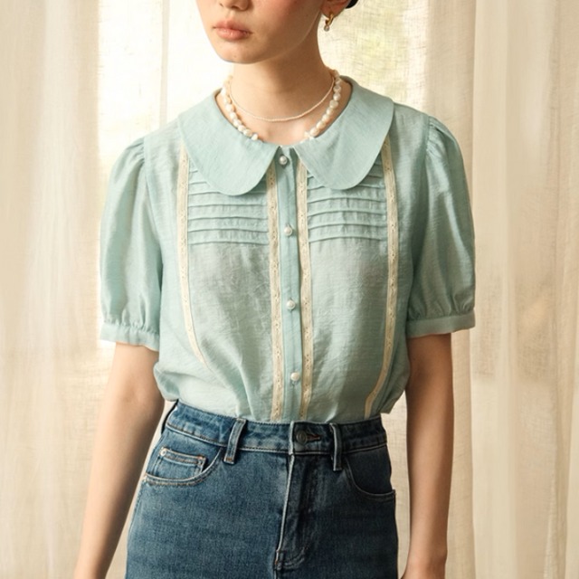 【2color】ピーターパンカラーパフスリーブシアーシャツ《Z00987》