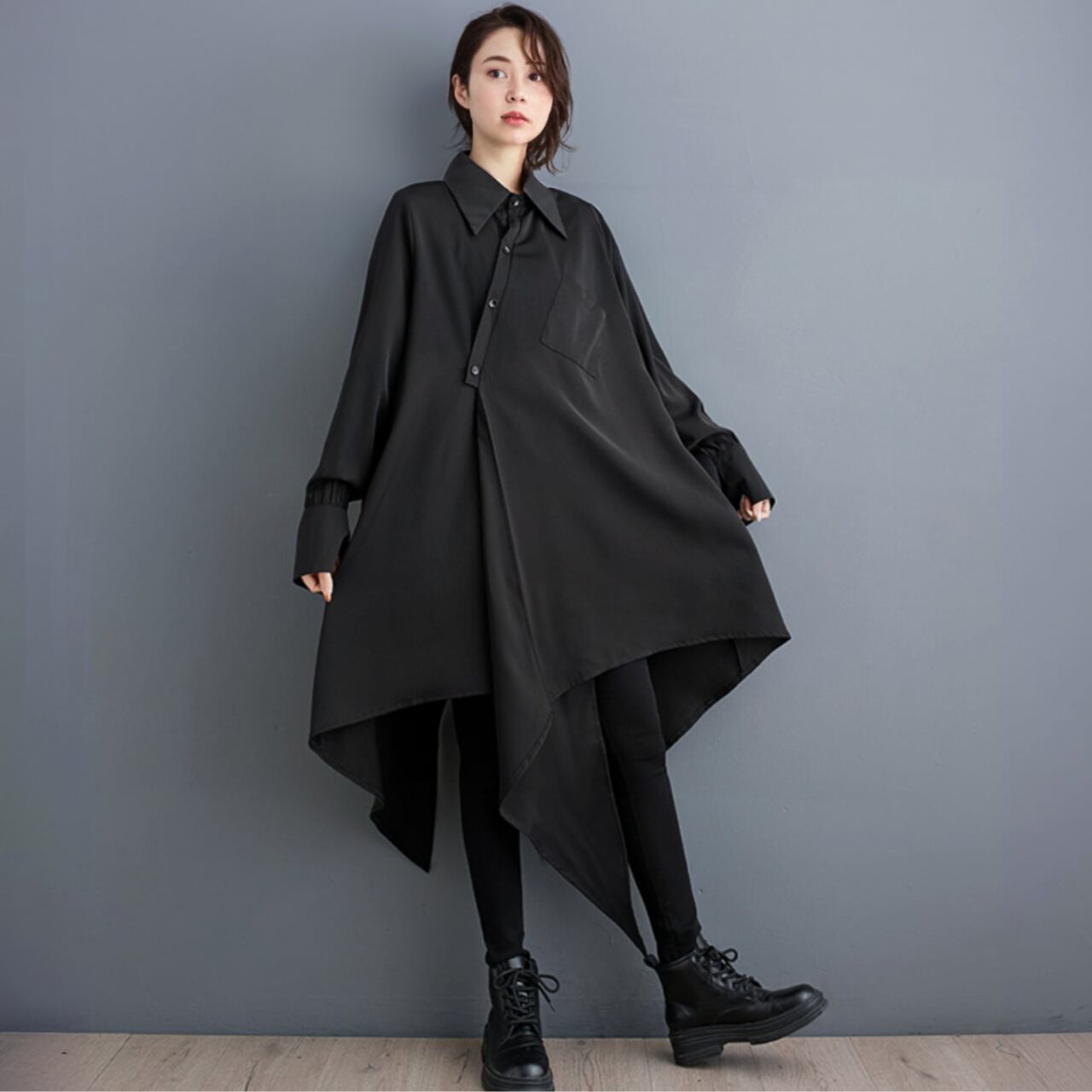 ミッドレングスアシンメトリーシャツワンピース R0305