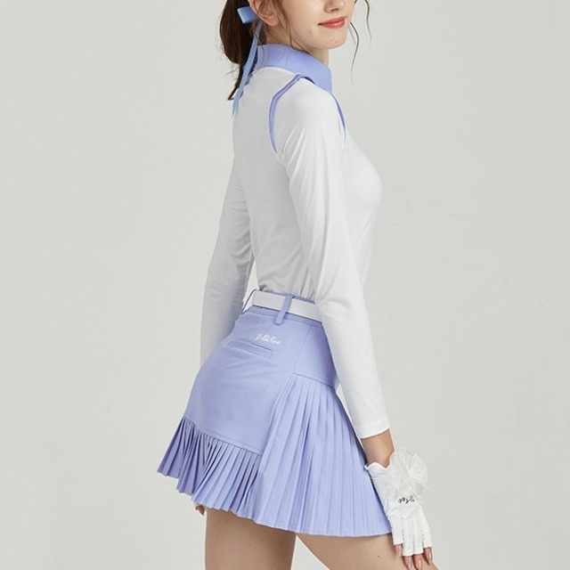 ブルー×ホワイト　長袖トップス　斜め襟