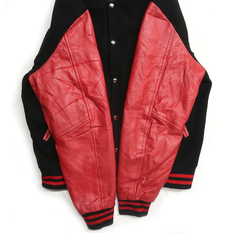 古着 SLEDWISE ウール 袖レザー 切り替え スタジャン ブラック レッド