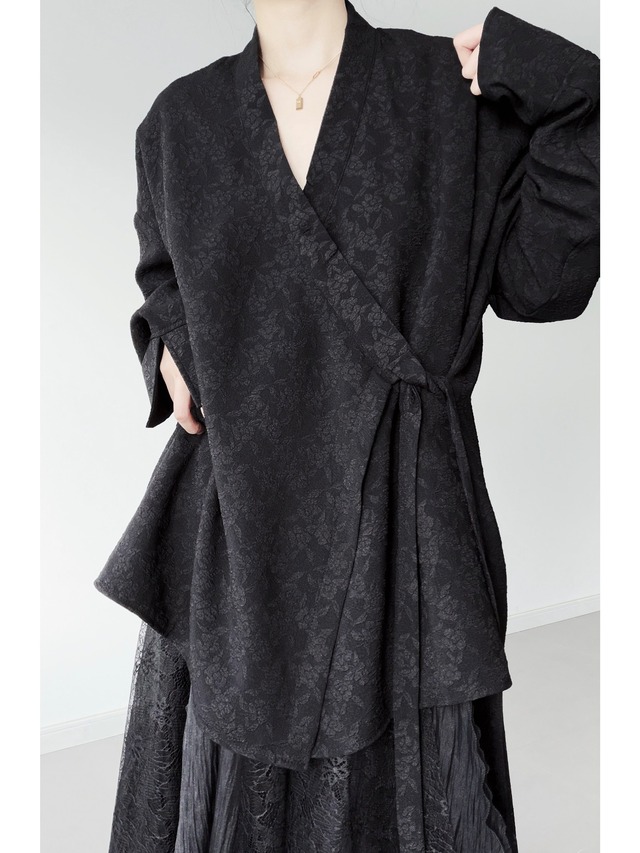 Retro embossed floral print wrap shirt jacket [T2785]