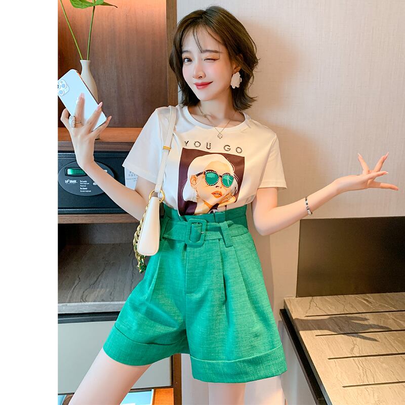 プリントラウンドネックTシャツ ハイウェストAラインショーツ サマースタイル 夏物 ブルマー Oネック MIUCO93012387220