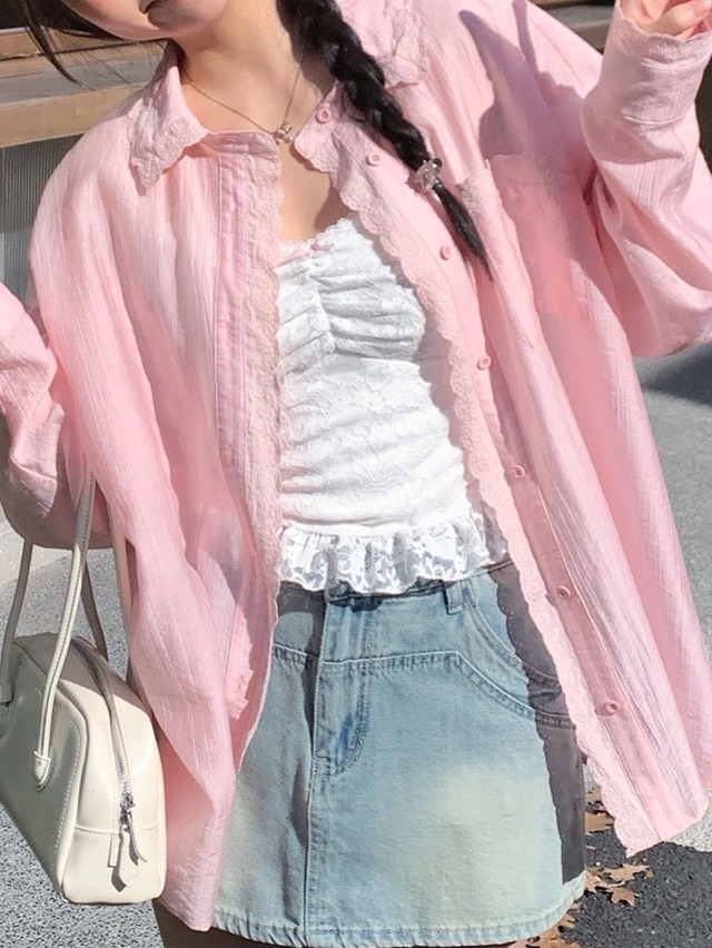 大人ガーリーな透け感♡ レース襟シアーシャツ 羽織り 大人可愛い ガーリー フェミニン ナチュラル こなれ感 体型カバー  大きいサイズ 韓国 CH10500