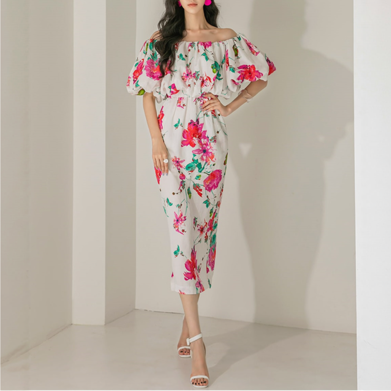 Puff Sleeve Long Floral Dress 00027