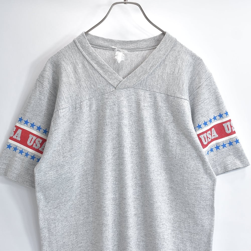 80s Used Vネック 袖星条旗デザイン 切り替え フットボールTシャツ アメリカ古着 杢グレー USED ヴィンテージ ビンテージ 古着 メンズ M~サイズ相当