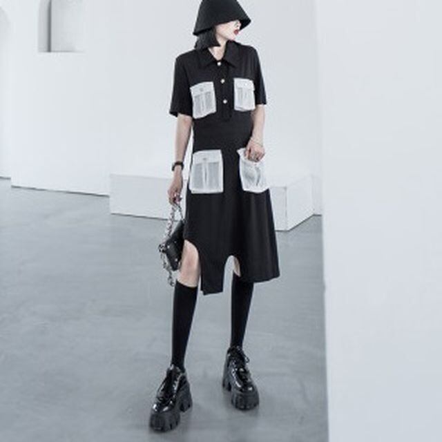 ワンピース バイカラーワンピース シャツカラー 半袖 バイカラー ポケット アシンメトリー スリット フェミニン きれいめカジュアル カジュアル モード女子 モード系女子 夏 春 Op 1044 Y Happy Orurea ハッピーオルレア