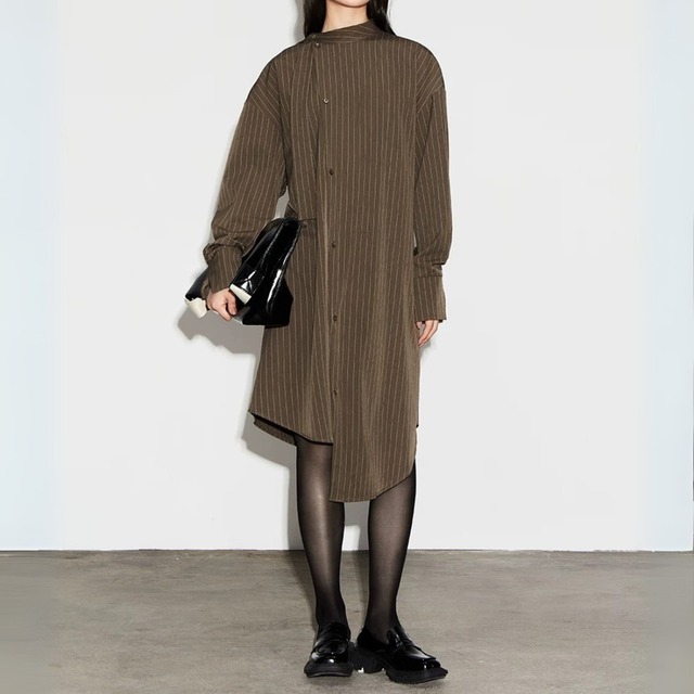 mocha stripe asymmetry dress  00417