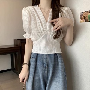 レディース トップス ブラウス 半袖 パフスリーブ Vネック プリーツ かわいい シンプル 上品 おしゃれ 主役級 存在感 ベーシック 無地 春 夏 カップル 10代 20代 30代 40代 デート お出かけ リゾート 旅行 レストラン 公園 女子会 休日 ホテル ガーデン ショッピング ライブ お花見 合コン コンパ カフェ S M L XL 2XL 大きいサイズ 白 黒 ベーシックカラー 春カラー