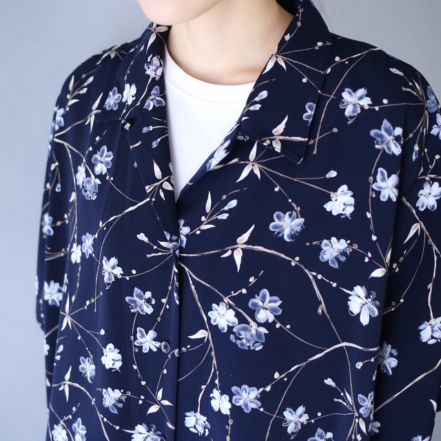 "花柄" navy base beautiful blue flower open collar h/s shirt