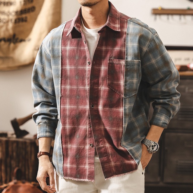 Single pocket vintage patchwork shirt ( 2color )