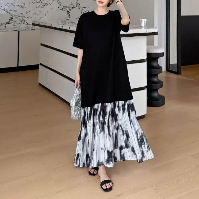 CONTRAST STITCH A-LINE LONG T-SHIRT DRESS 1color M-16569