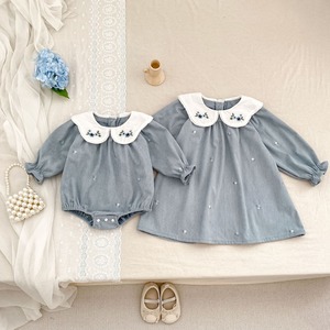 【姉妹服】フラワー刺繍ブルーロンパース、ワンピース C1207