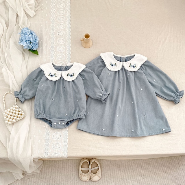 【姉妹服】フラワー刺繍ブルーロンパース、ワンピース C1207