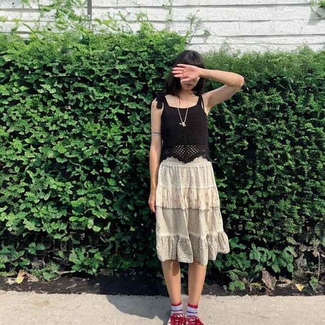【LADIES】crochet shoulder ribbon tops