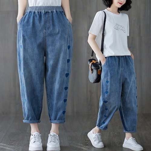 大きいサイズ テーパードパンツ にぴったり薄ジーンズハート刺繍ハーレムパンツウエストゴムパンツ321302