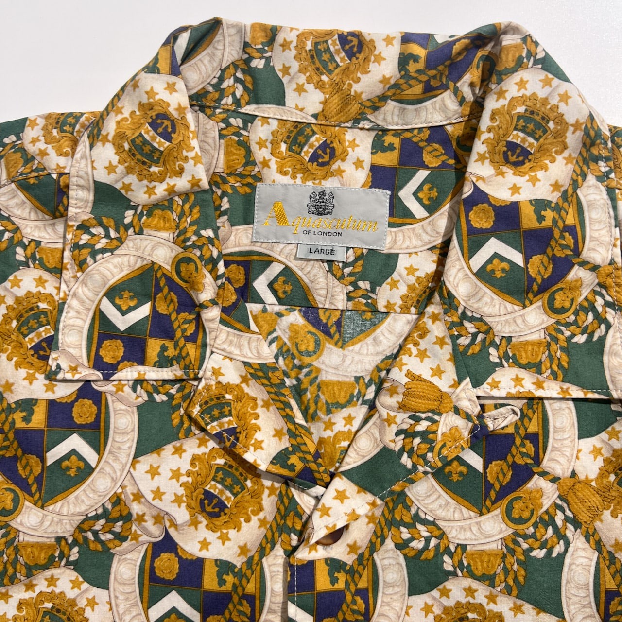 Aquascutum アクアスキュータム エンブレム総柄 オープンカラー 半袖シャツ L/マルチ