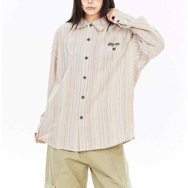 レトロマルチストライプワンポイントシャツ 2col   R02612