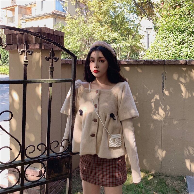 カラーカーディガンジャケット Aライン格子柄スカート スクウェア ステッチ ドラファッションホール1407525668