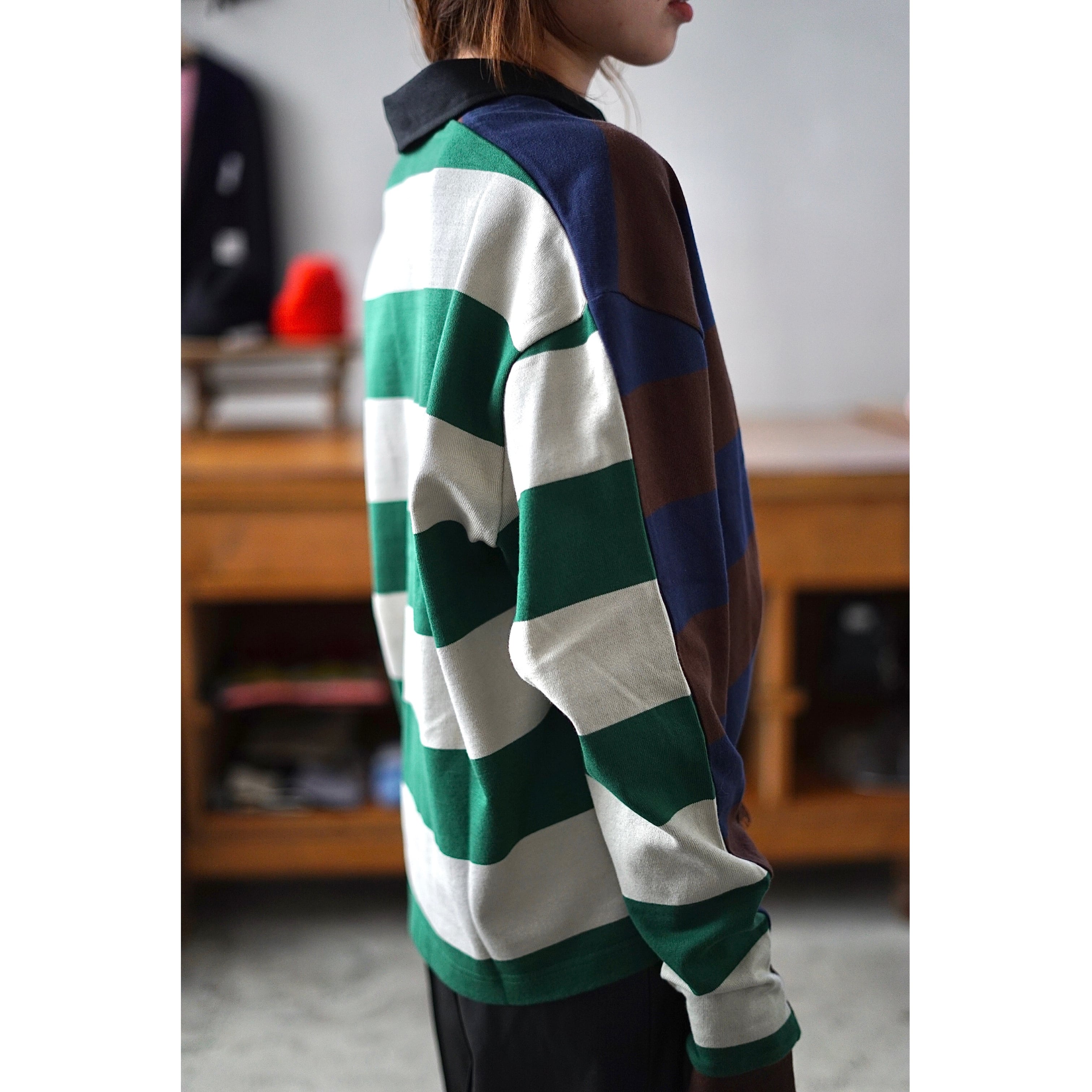 jonnlynx / border rugger shirt (navy×brown mix , green×gray mix