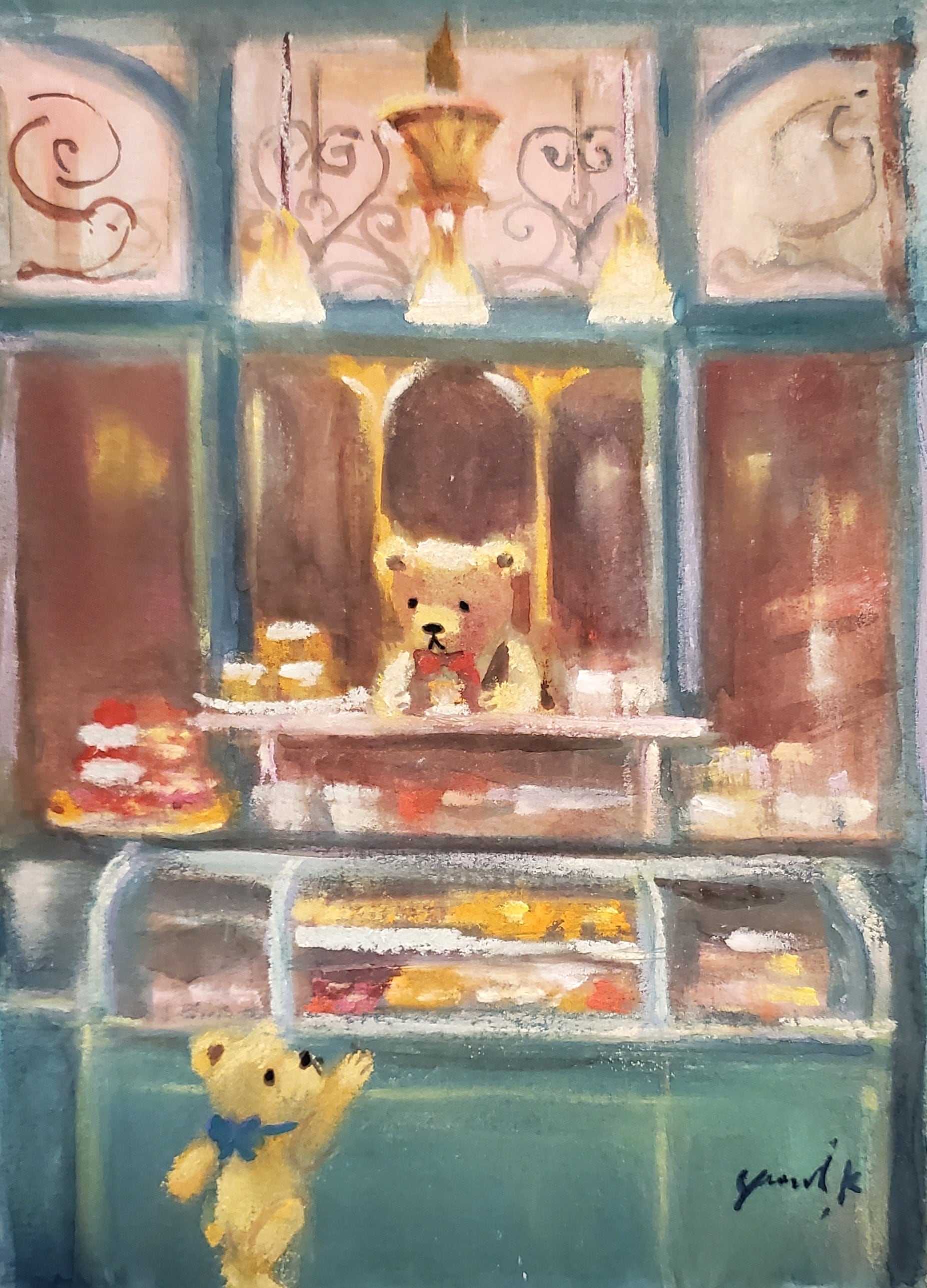 絵画 ｢クマ達のパティスリー｣ 19×14cm 水彩/パステル 額付き 神
