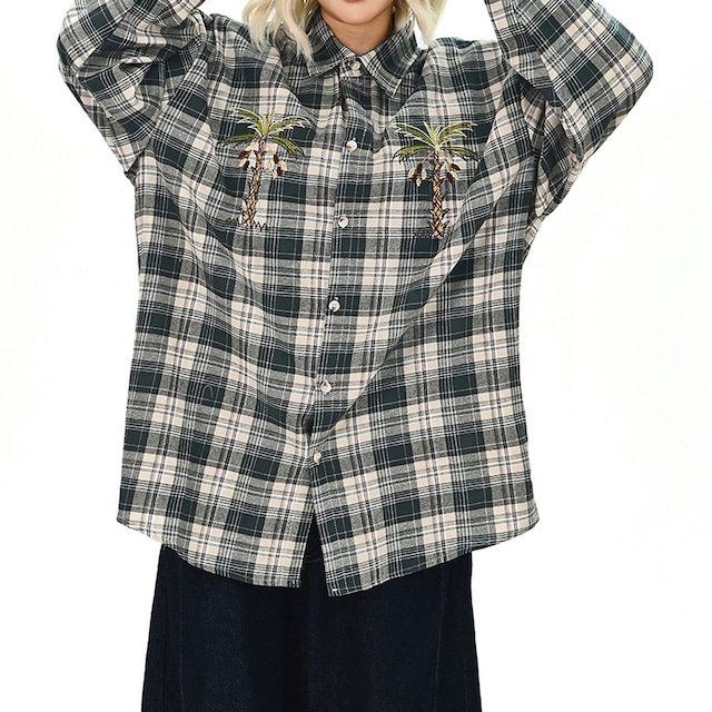 パームツリーモチーフチェックシャツ 1col   R01727
