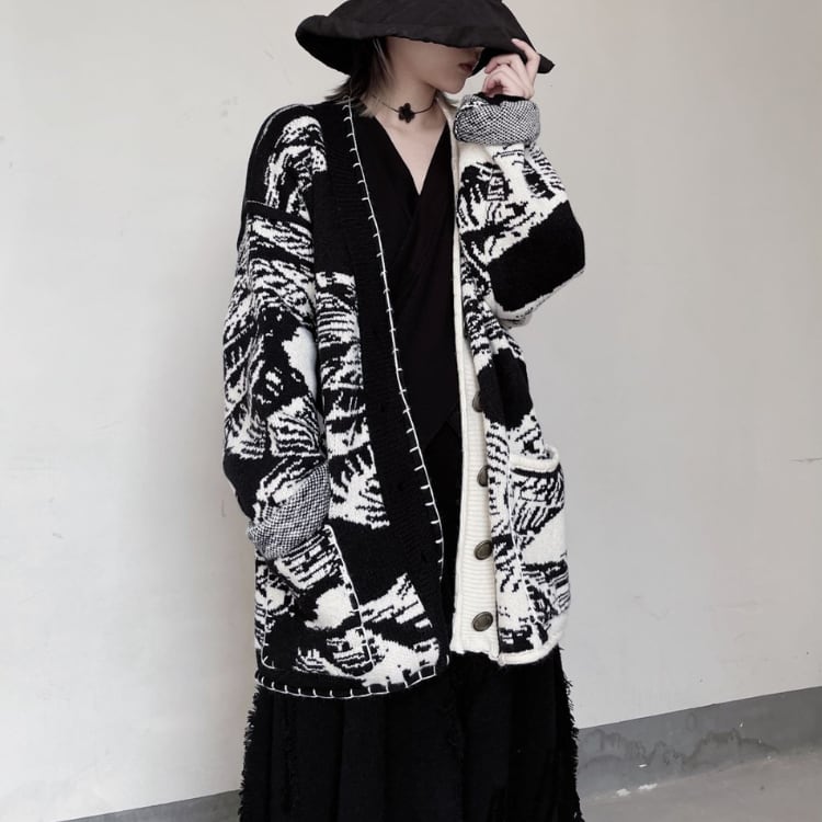 パッチポケット 長袖 オーバーサイズ ニットカーディガン R30001