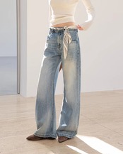 Patch Pocket Wide Leg Full Length Denim Pants     L0042