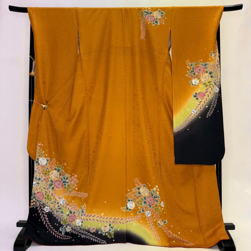 振袖 中古 黄色 辻が花 正絹 古典 裄70cm 身丈173cm 美品 2L サイズ 成人式 6190