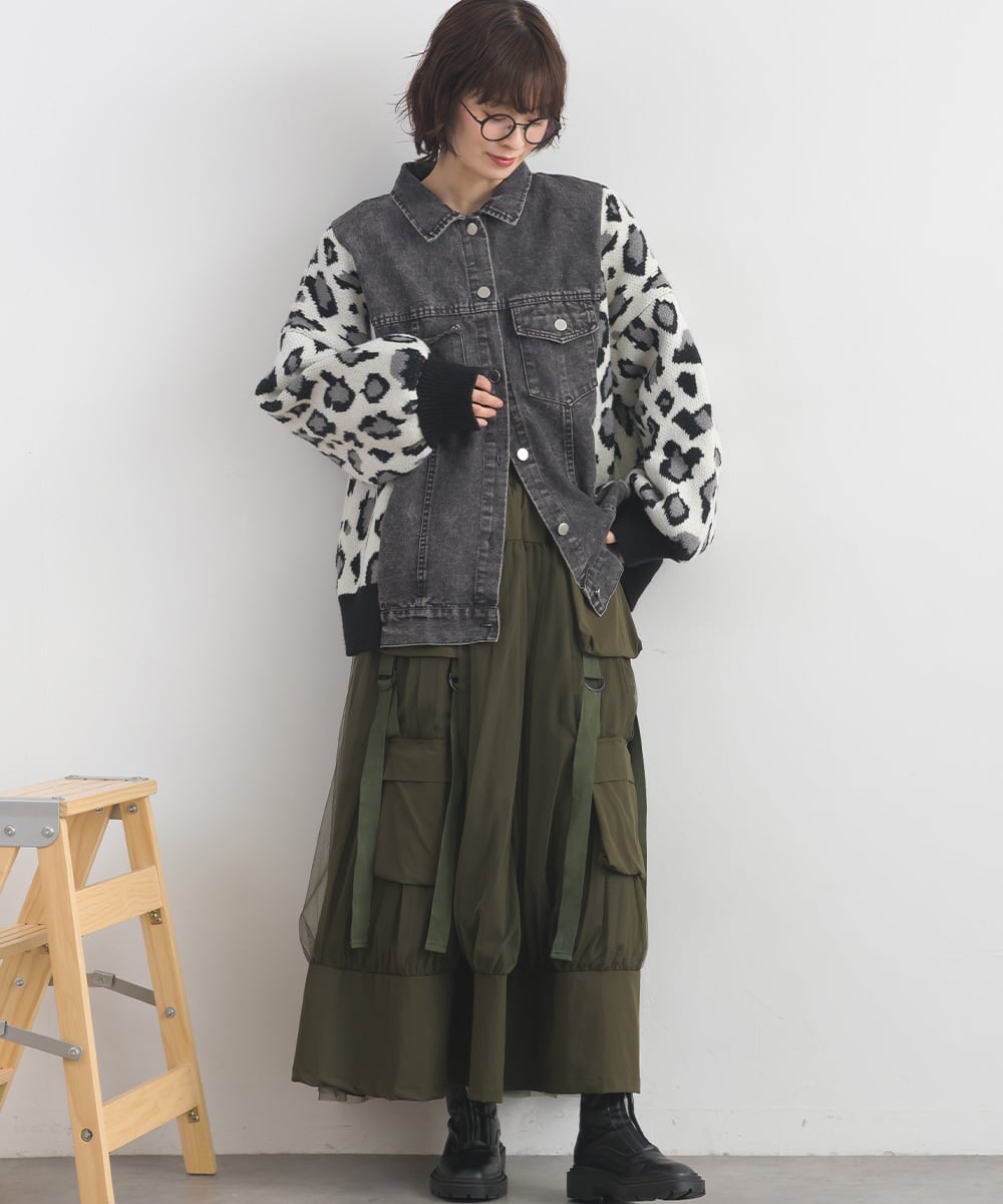 D261153 レオパードニット切替デニムジャケット / Leopard Knit Panel