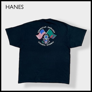 【HANES】XL ビッグサイズ Tシャツ メキシコ製 アメリカ大使館 ザンビア U.S. Embassy Zambia ワンポイントロゴ バックプリント 国旗 BEEFY-T 半袖 US古着