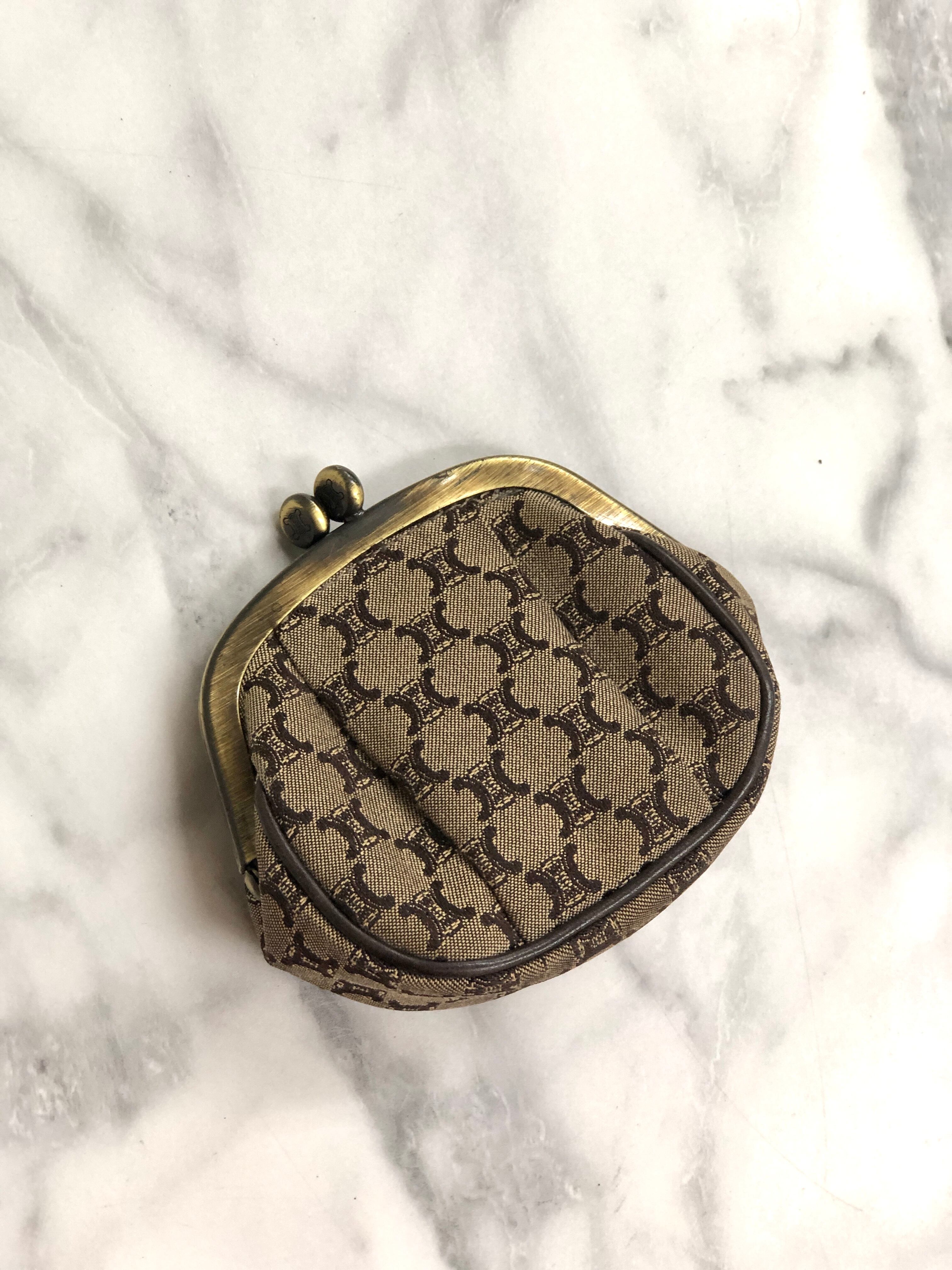 CELINE ライトブラウン がま口 ケース CELINE セリーヌ ブラゾン ファブリック がま口 コインケース ブラウン