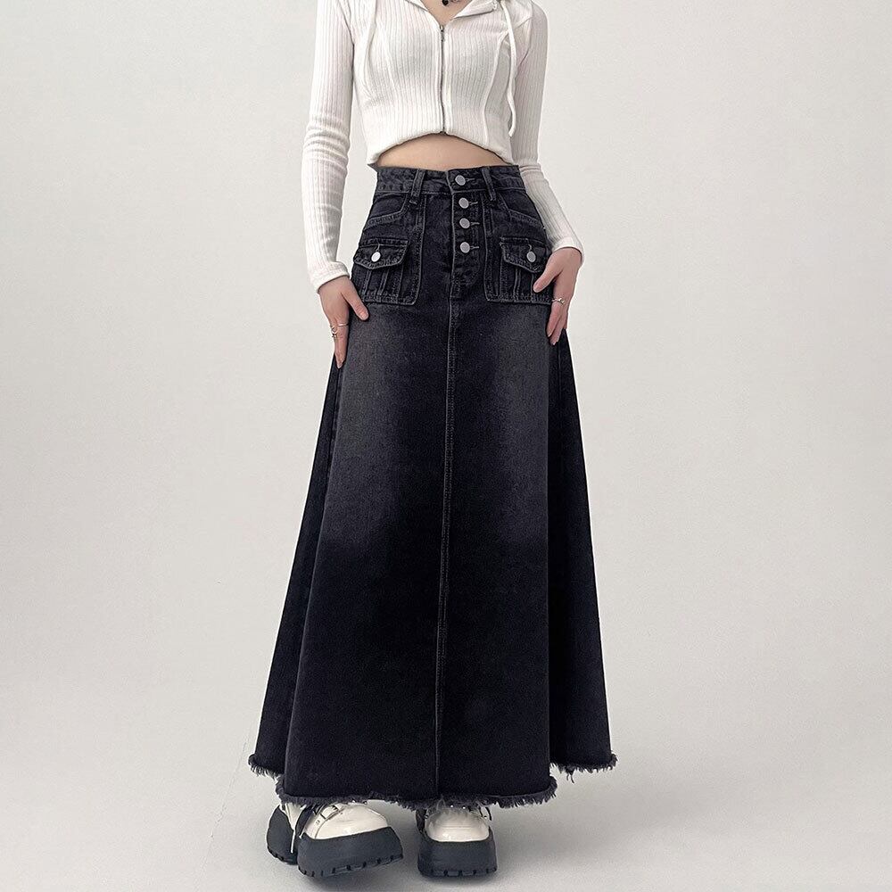 デニム ロングスカート レディース 韓国 ヴィンテージ 大人 カジュアル おしゃれ Aライン ゆったり 体型カバー フリンジ デニムスカート ハイウエスト 大人可愛い 大人女子