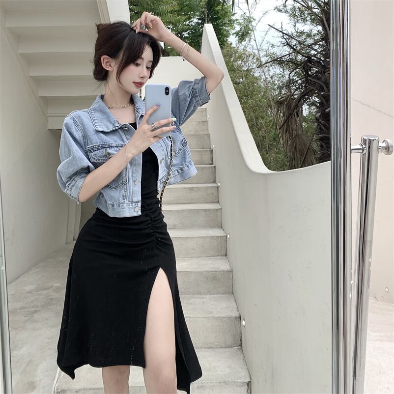 ショート半袖スリーブジャケット スリットプリーツスリム薄手ドレス ハーフスリーブ ドラファッションホール1730861700