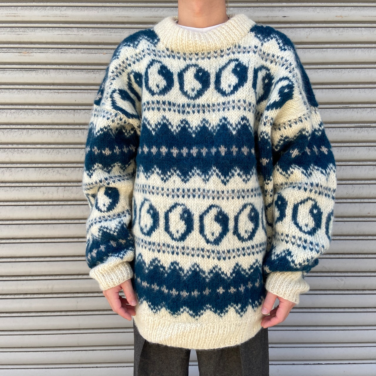 エクアドルニット ネパール製 陰陽柄ウールセーター ニット アイボリー XL